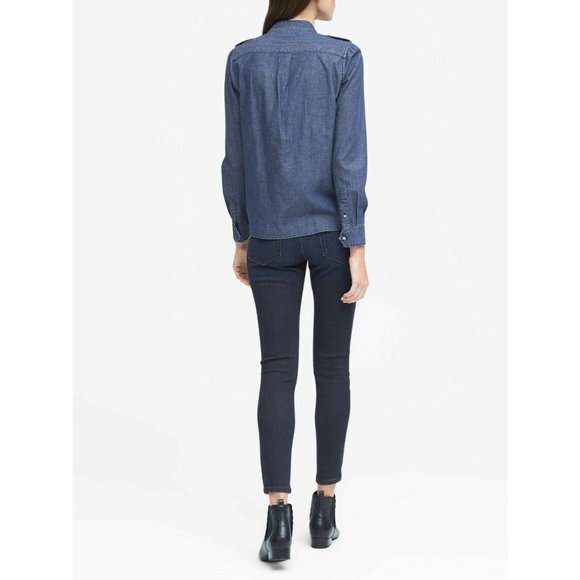 Banana Republic Shirt Blue Denim Tie Neck Button Down Popover Top - Picture 3 of 12